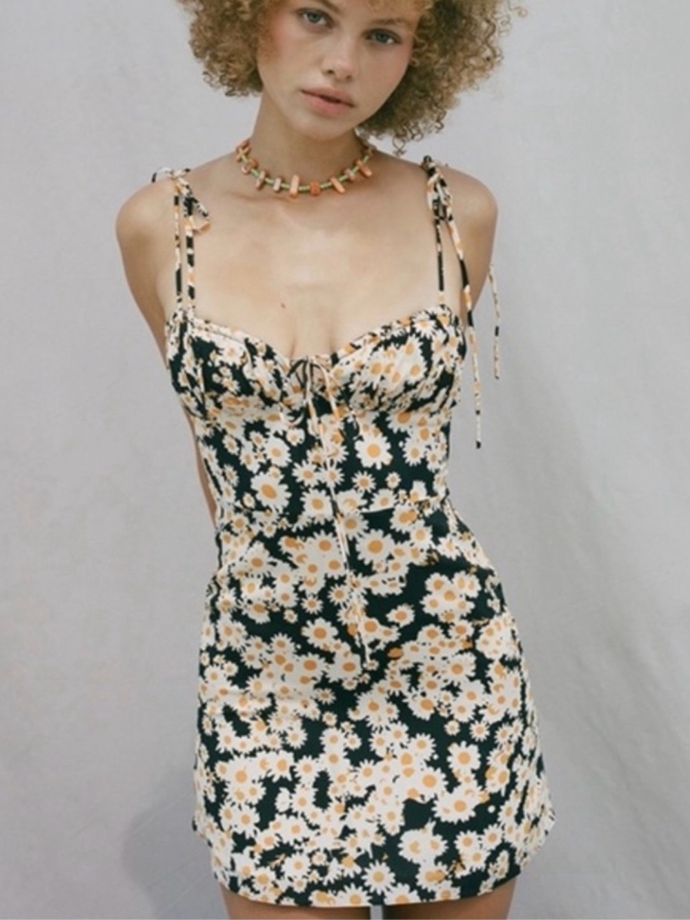 Realisation Par Black Daisy Mini Dress with White and Yellow Floral Print
